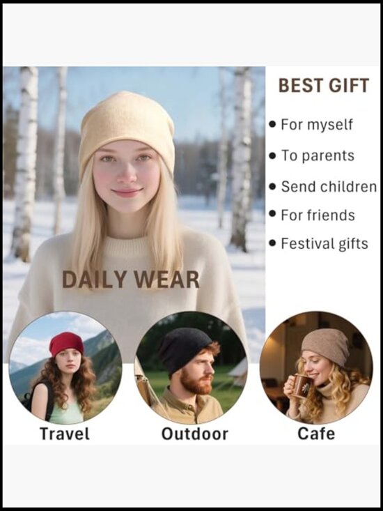 Pure Wool Slouchy Beanie Hat Seamless Knit Winter Skull Cap